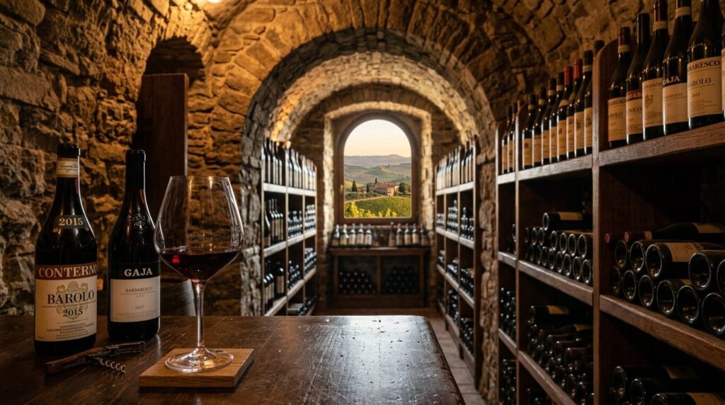Luxurious wine cellar scene: Rows of aged Barolo and Barbare