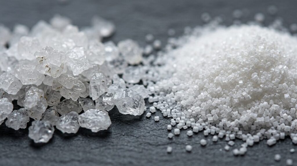 Close-up macro photography of sea salt granules texture vers