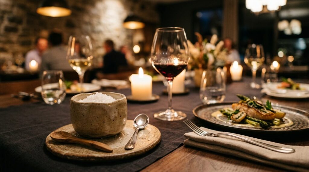 Elegant dinner table setting with gourmet sea salt in artisa