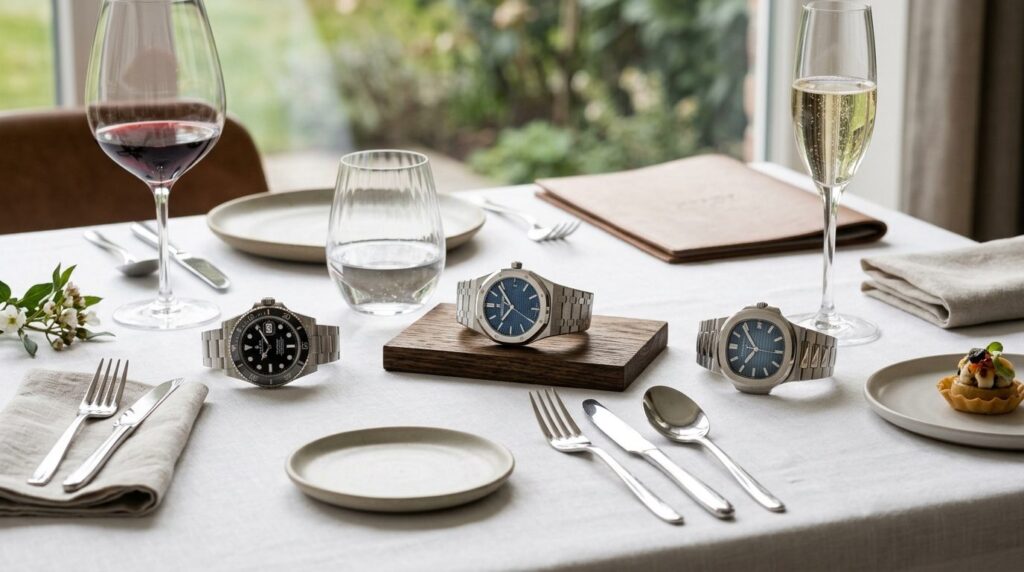 Styled collection of three distinct luxury watches arranged 