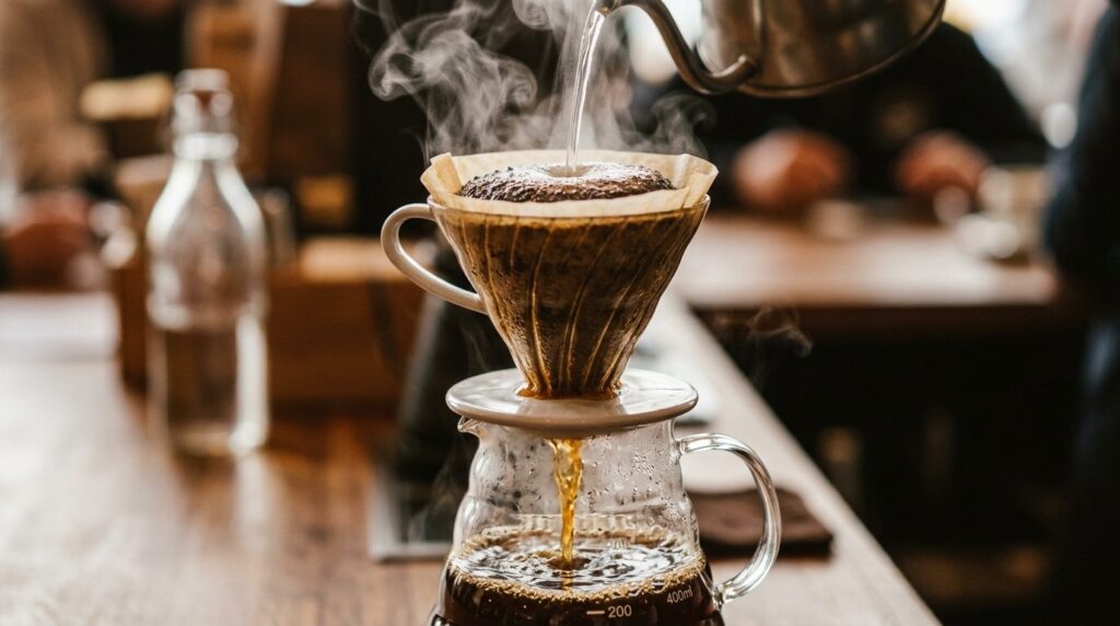 Close-up macro photography of hot water pouring through coff