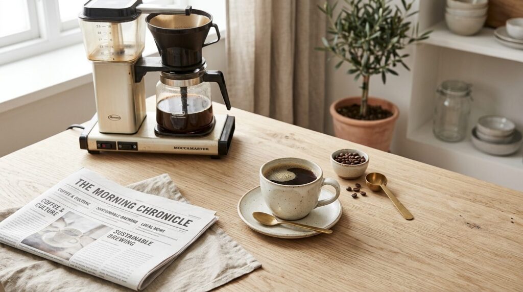 Styled flat lay of premium filter coffee setup: artisan coff