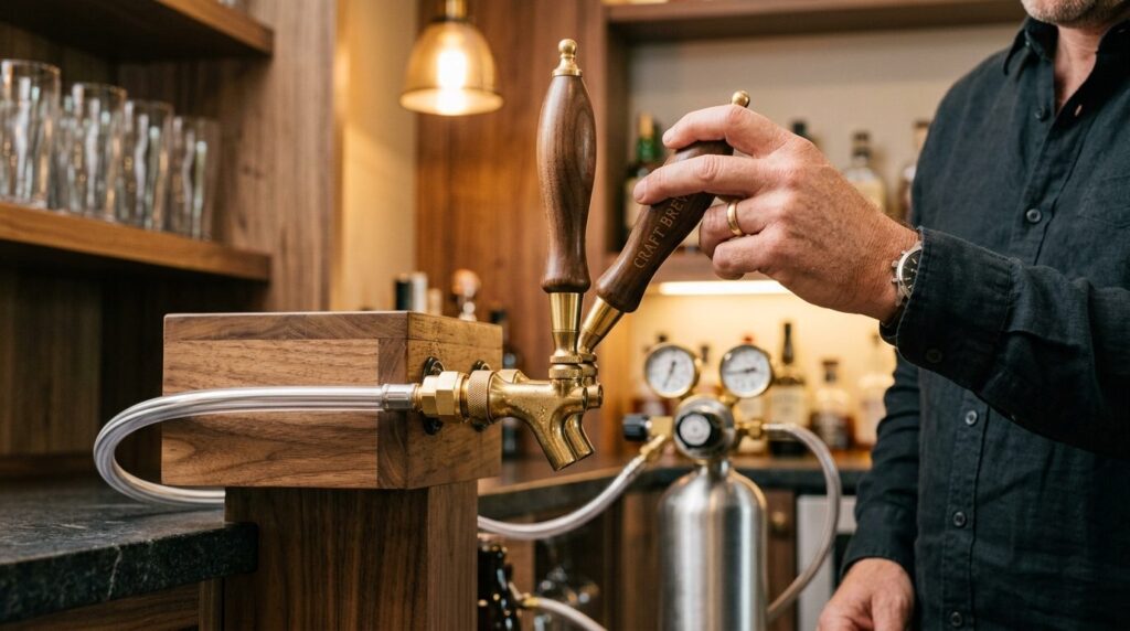 Close-up detail shot of a professional draught beer tap with