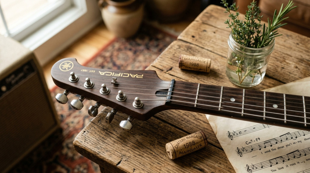Close-up detail shot of a Yamaha electric guitars headstock