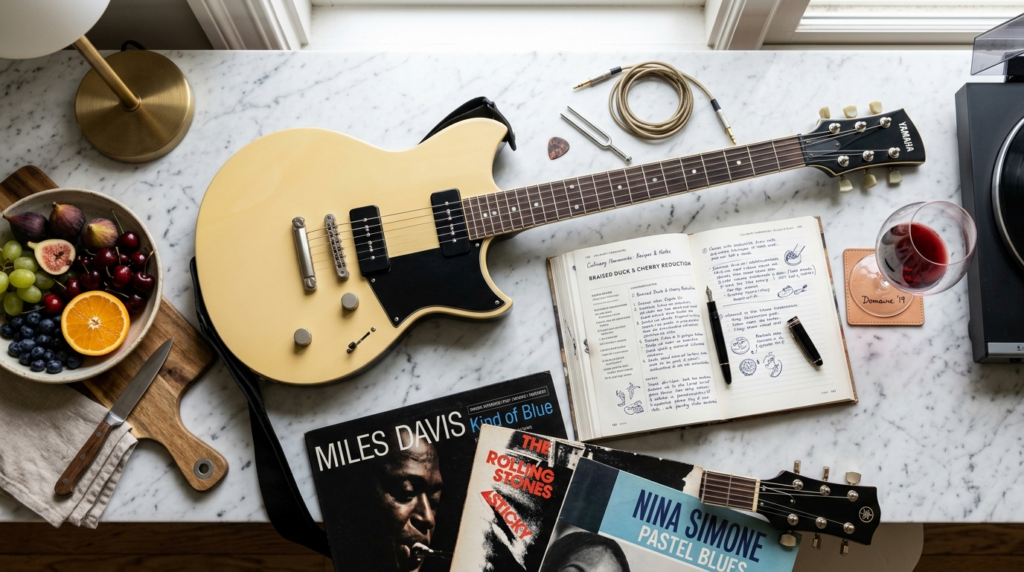 Overhead flat lay composition of a quality-conscious musicia