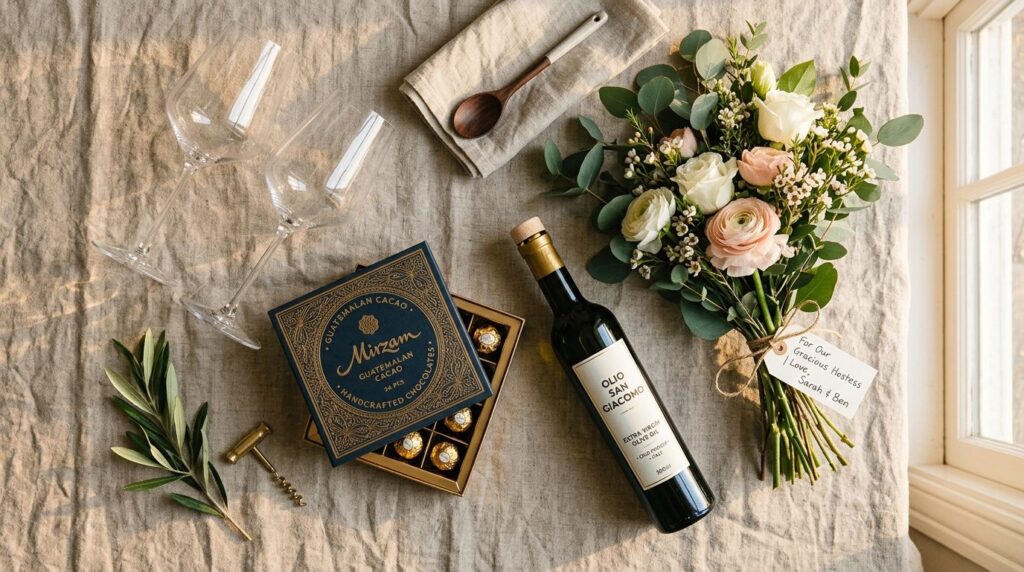 Flat lay food styling: Curated hostess gift items arranged o
