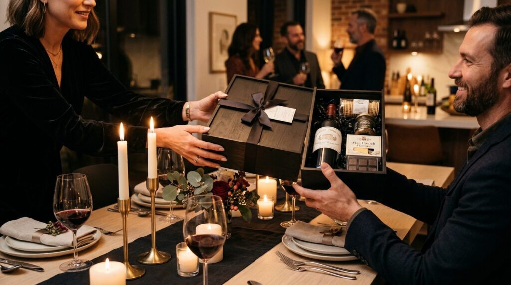 Elegant dinner party scene: Womans hands presenting a sophi