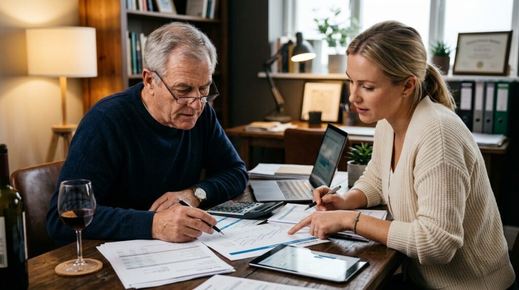 Close-up of an older man and adult daughter reviewing financ