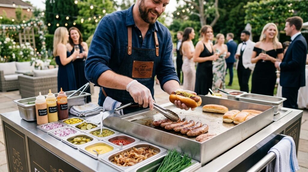 Close-up of a gourmet hot dog vendor professionally preparin