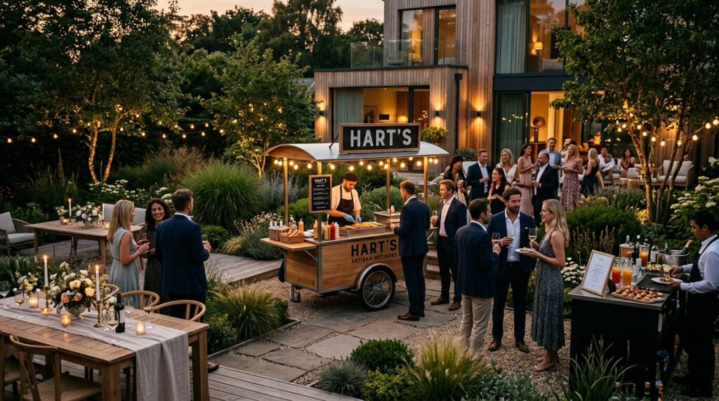 Wide establishing shot of a luxury hot dog cart positioned i