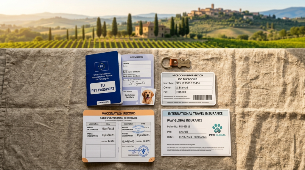 Close-up flatlay of travel documentation essentials for pet