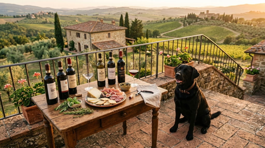 Overhead shot of a content black labrador sitting beside a T
