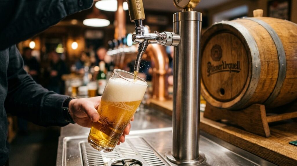 Close-up detail shot of a professional draft beer tap system