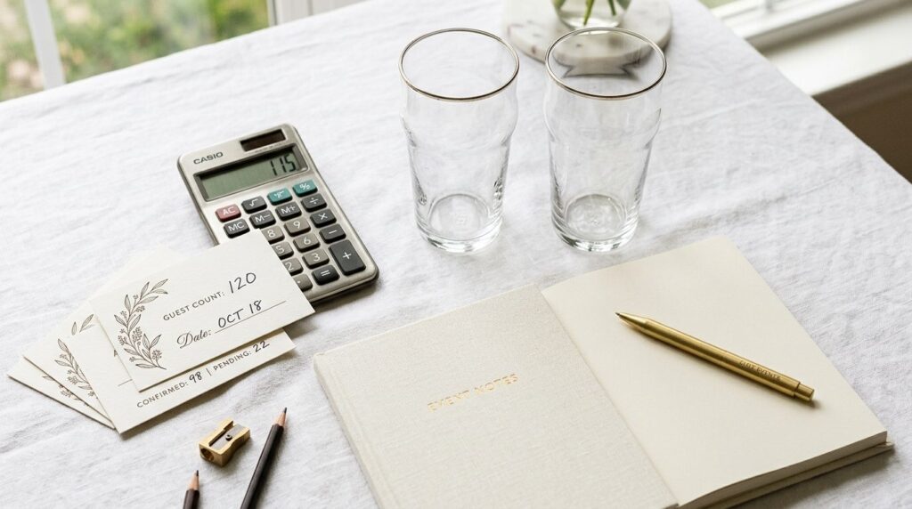 Flat lay composition of party planning essentials including 