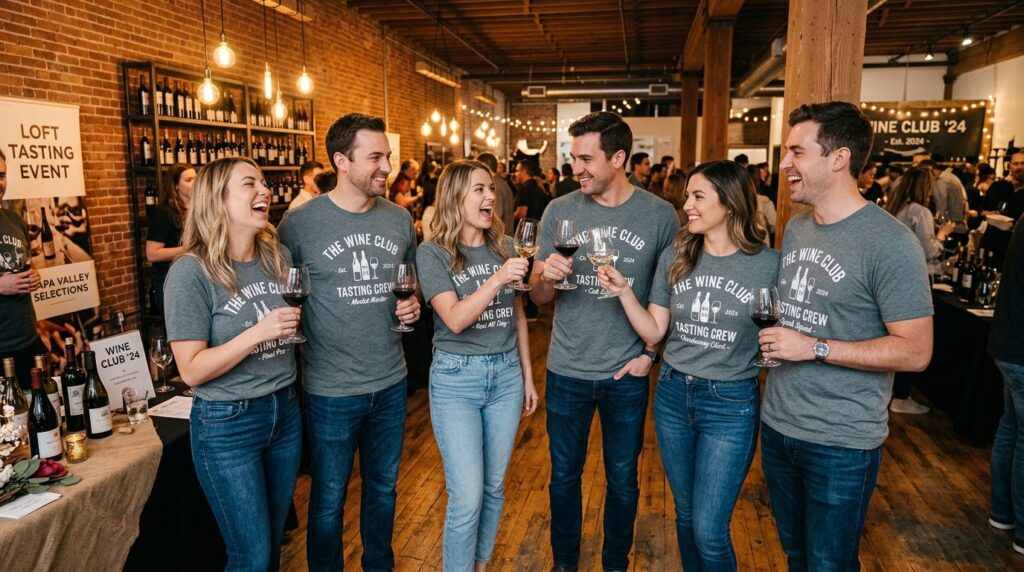 Group of friends at a wine tasting event wearing personalize