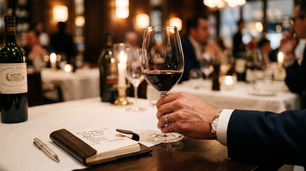 Close-up professional food photography of a sommeliers hand