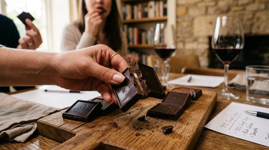 Close-up detail shot of artisanal chocolate squares being br