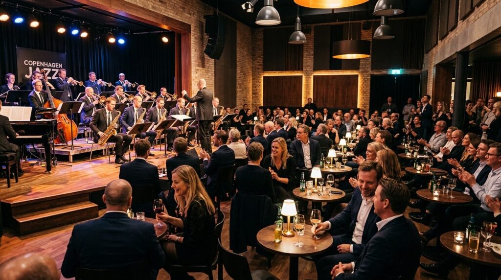 Upscale Copenhagen jazz venue interior with live big band or
