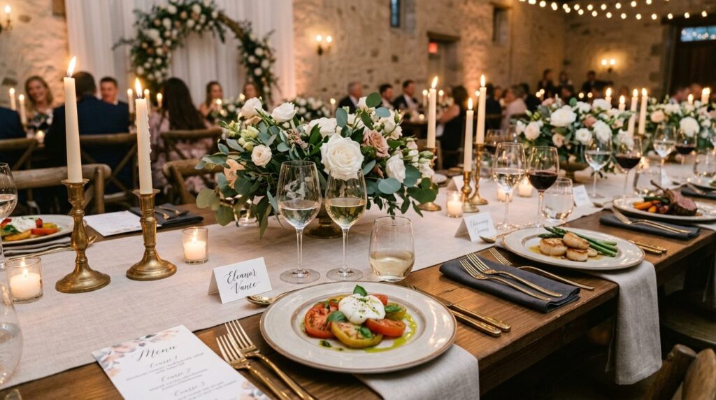 Elegant dinner table setup at a wedding reception with place
