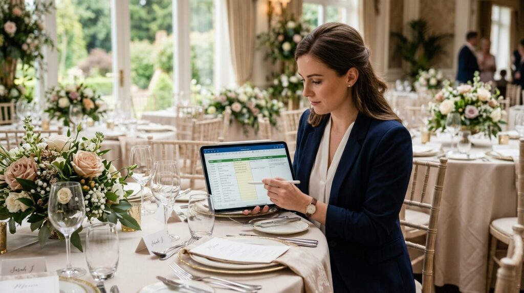 Wedding planner or host reviewing detailed event schedule wi
