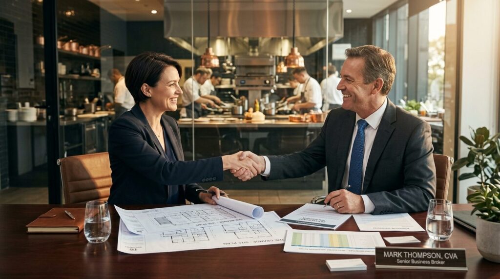 Successful restaurant owner and business broker shaking hand
