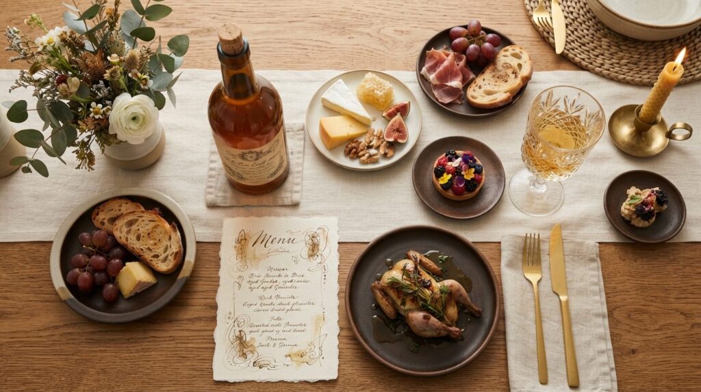 Overhead flatlay of a sophisticated mead pairing dinner setu