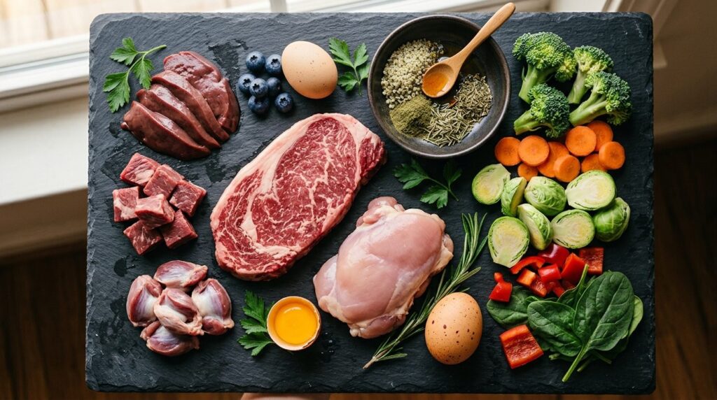 Close-up flat lay of premium raw dog food ingredients displa