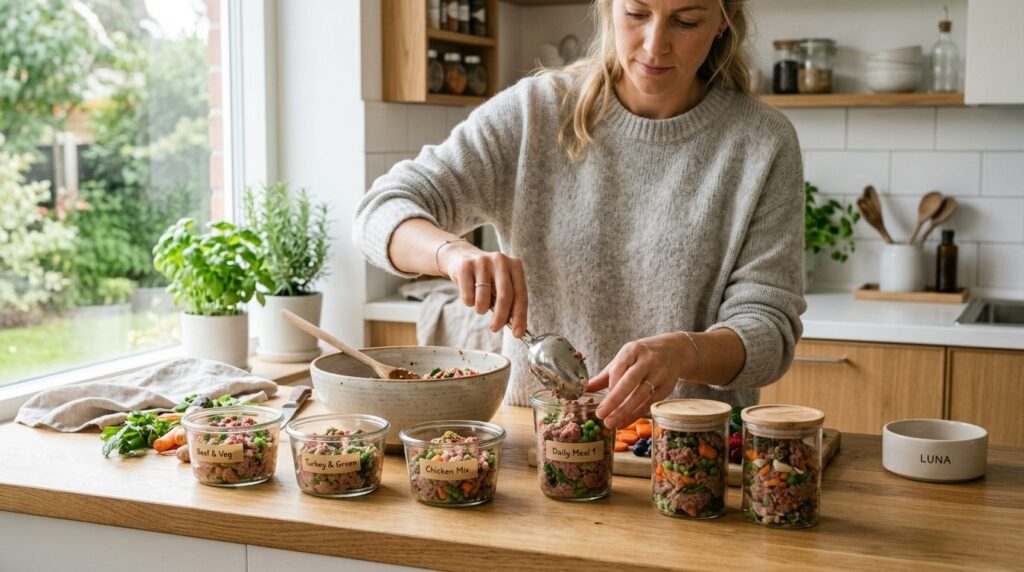 Serene dog owners hands portioning raw food into glass stor