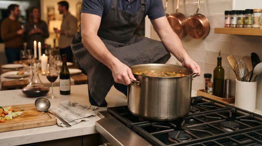 Close-up of hands properly lifting a large heavy cooking pot