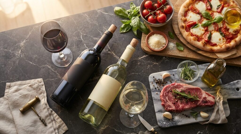 Close-up flat lay of wine pairing essentials: Premium wine b