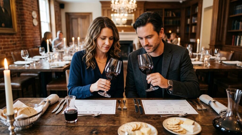 Close-up overhead shot of a couple tasting wine together in