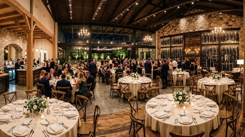 Panoramic view of an upscale event venue interior showing mu