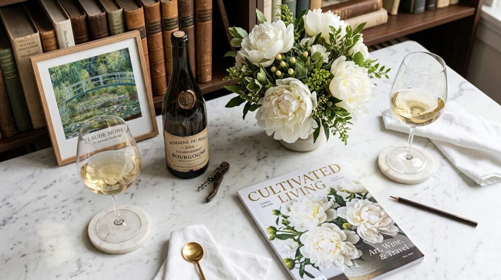 Overhead flat lay composition of a carefully styled wine tas
