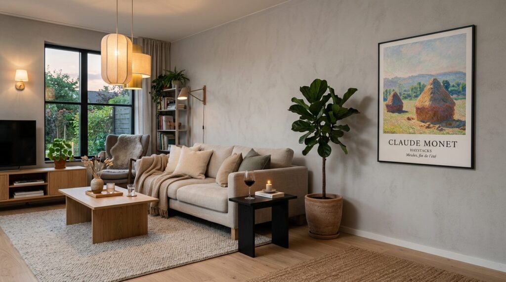 Modern Scandinavian living room interior with a Claude Monet