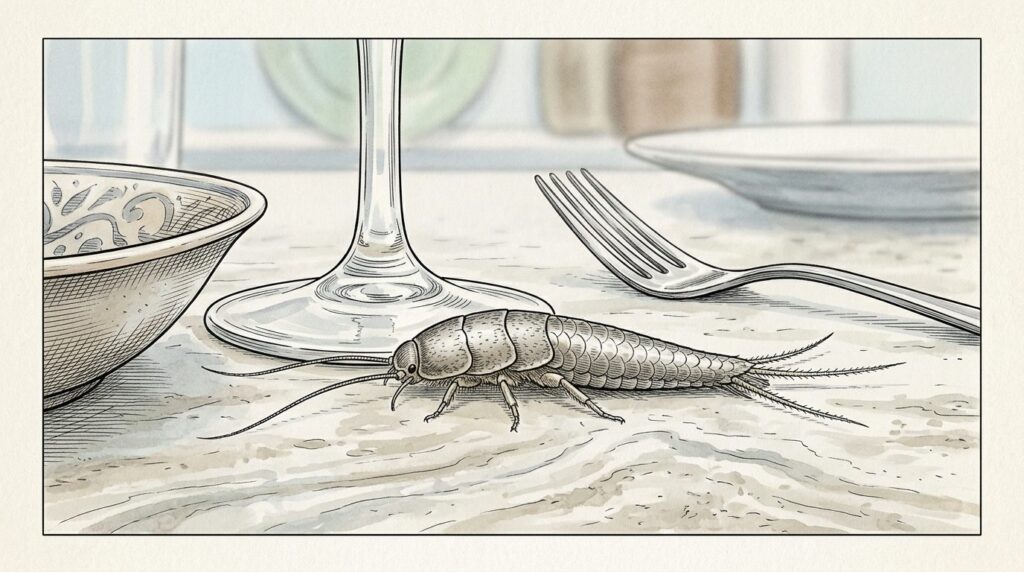 Detailed macro photography of a silverfish pest on a kitchen