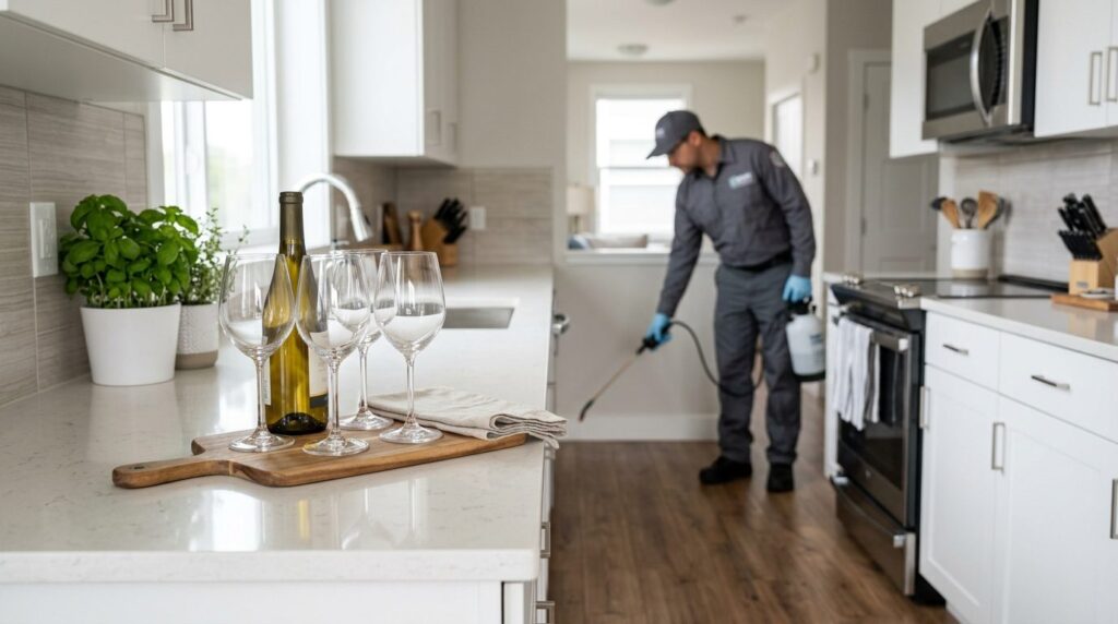 Modern residential kitchen scene with elegant wine glasses o