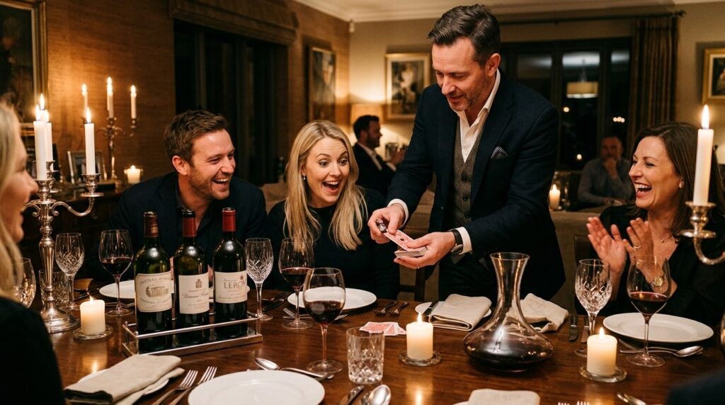 Intimate home gathering with magician performing sleight of