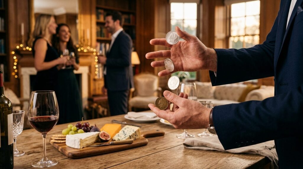 Close-up of magicians hands performing coin magic trick at