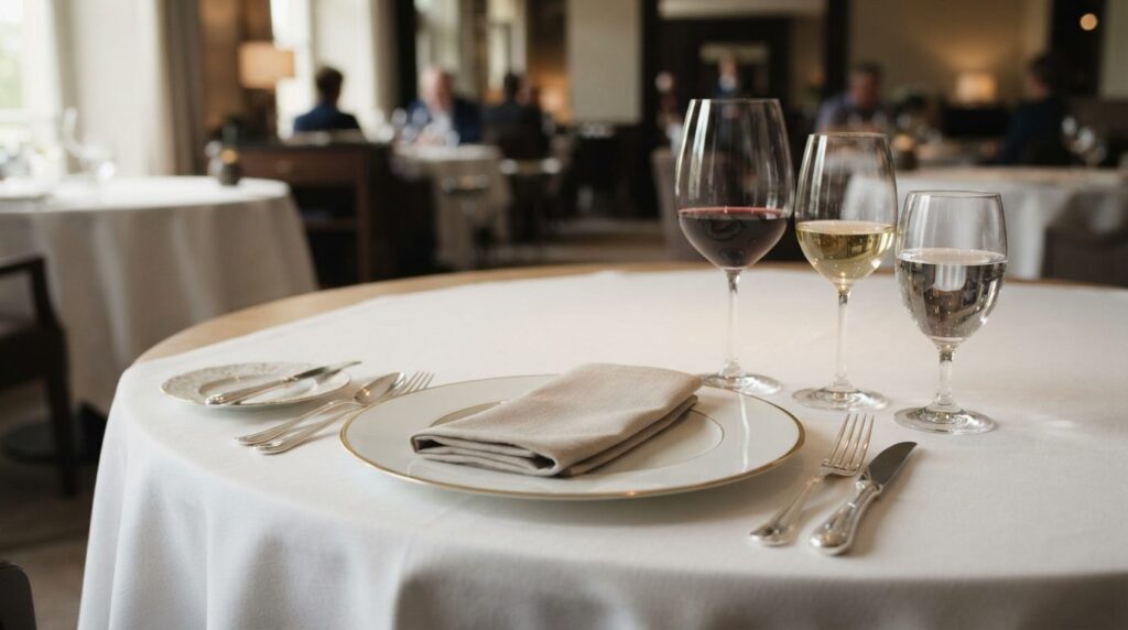 Close-up of properly set formal business lunch table with wi
