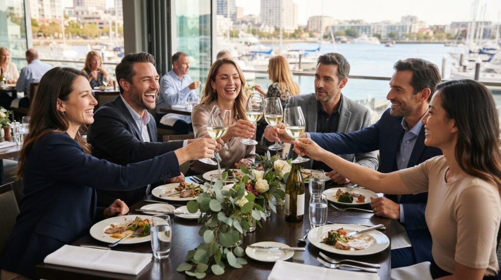 Group of well-dressed business professionals toasting with w
